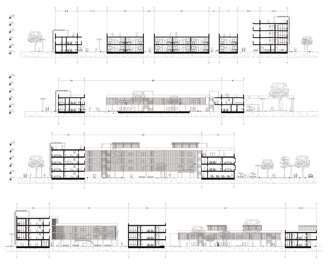 Cortes de fachadas y tipologías — Conjunto Habitacional Alberto Hurtado