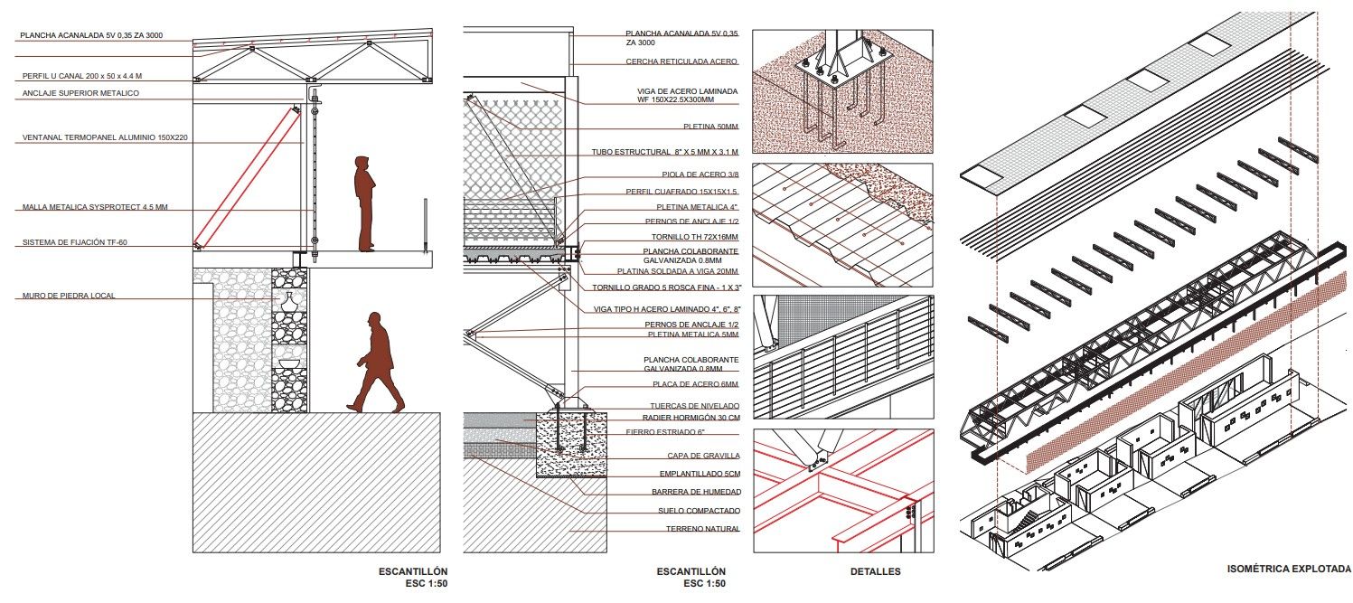 Detalles e isométrica — Espacio Educativo Complementario