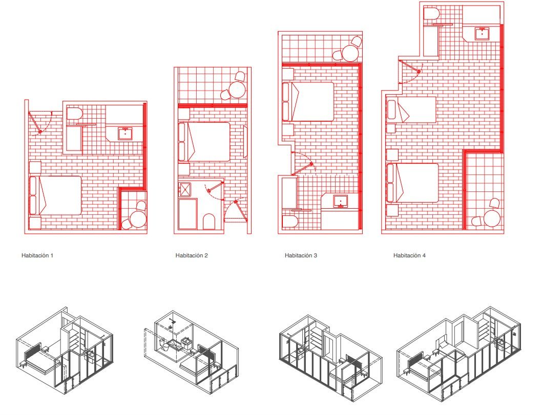 Plantas isométricas de las habitaciones — Hotel en las Rocas, Punta de Tralca