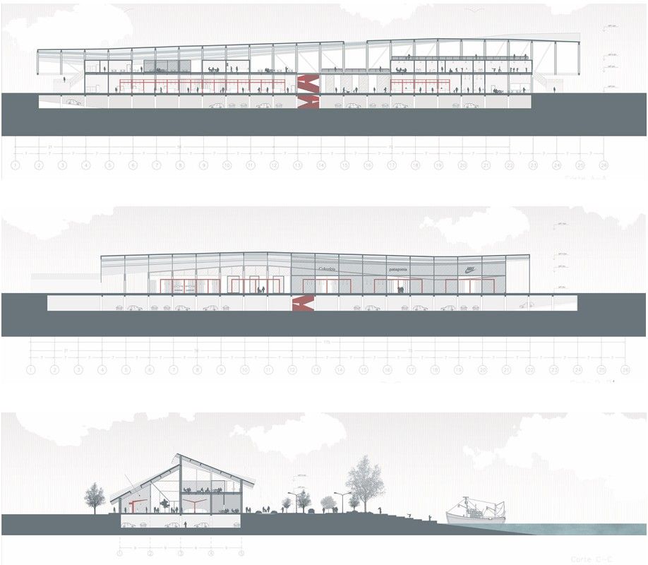 Corte y elevaciones, lámina técnica — Mercado Urbano de Valdivia